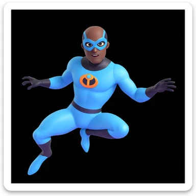 Frozone from The Incredibles, dynamic action, icy background, blue and white superhero suit, 3D cartoon style sticker