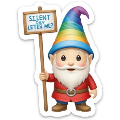 A zen rainbow gnome, holding a sign reading, "Silent Letter Day, who's with me?” sticker