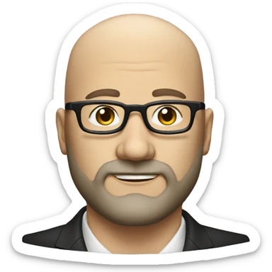 Bust of a 45 year old white bald man with black thick glasses with a short beard and a formal suit. sticker