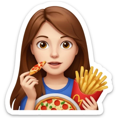 lean female with long hair holding fries and eating pizza sticker