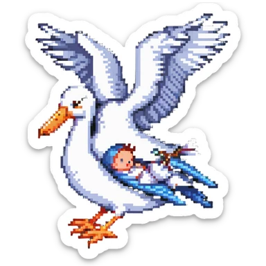 human baby in a bundle being carried by a flying stork in pixel art style sticker