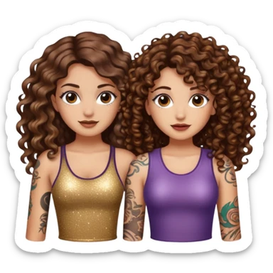 glitter blast — long wavy brown hair tattooed woman and short tight curly brown hair woman — sparkle covered sticker