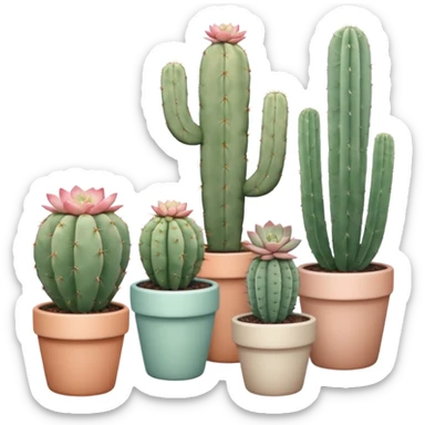 Ceramic pots in pastel colors, tall and short, round and square, containing desert cactus plants, hanging cacti, flowering cacti, echeveria succulents, and sedum succulents, placed in a row on the floor, white background sticker