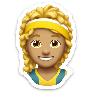 A happy yellow ball with a wavy mullet hairstyle with a sports headband sticker