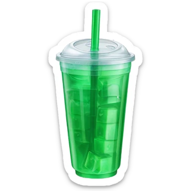 Realistic plastic cup and lid with Transluscent green soda and large ice cubes inside and one straw through the top of the lid. sticker