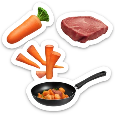 mushroom, carrots steak pieces   in pan in air, tossed in the air  sticker