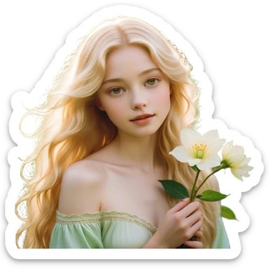 Cinematic Realistic Rapunzel Portrait, with porcelain-like skin featuring a subtle, natural glow, illuminated by soft lighting that brings out the gentle contours of her face. Her long, golden blonde hair cascades in detailed waves, each strand highlighted with a radiant shimmer as it catches the light. She playfully holds a flower in one hand, her other hand resting casually in her lap, with a warm and spirited expression. Her bright, expressive green eyes exude curiosity and warmth, framed by delicate lashes and soft, arched brows. She is dressed in her classic lavender and pink gown, the fabric textured with delicate folds that flow naturally, catching the light with a soft, radiant glow. The portrait captures a luminous, enchanting aura, seamlessly blending realism with a whimsical, fairytale charm, evoking a timeless sense of beauty and magic. sticker