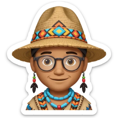 cute Indigenous tribal male character portrait, head and shoulders only, wearing glasses, stylish hat, friendly smile, colorful tribal patterns, 3D cartoon, mobile game icon style, clean background, no text, no watermark
 sticker