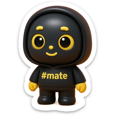 3D kawaii chibi character, vinyl figure style, matte, soft shadows. Big head, short limbs. Matte black hoodie and body, face dark anthracite. Yellow hands, yellow eyebrows and mouth. Eyes: yellow outline, colored base, black pupil with highlight. '#mate' on hoodie, # in yellow. White background, no extra design. sticker