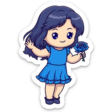 cute chibi girl with long dark hair, blue rose in hair, bright blue eyes, black frilly dress, smiling and waving sticker