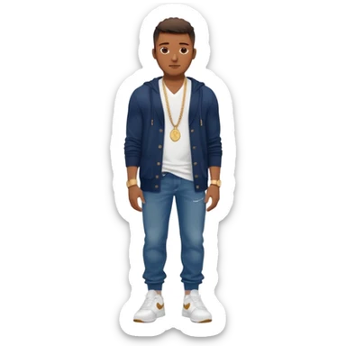 Handsome Black guy with brown skin tone, with muscular build, wearing long baggy dark denim jeans, a white t-shirt, a Burberry cardigan, white Nike sneakers, a gold watch, and a dainty chain sticker