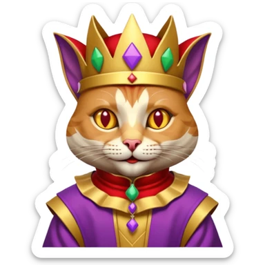 crazy colorful cute little cat jolly joker from poker, medieval, vintage, court jester, mac os icon, purple, gold and red color, half body. Squared shape as 3D mac os icon, symmetrical sticker