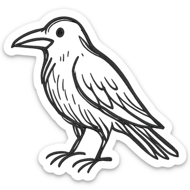 black raven bird facing left, hand-drawn sketch style sticker