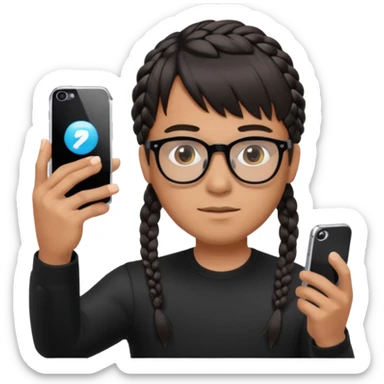 He's wearing black, left braided hair, full bangs, bangs and glasses, and taking a mirror selfie with a white iPhone sticker