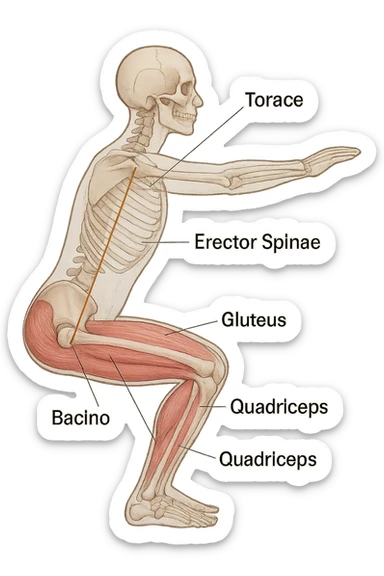 side view of a human figure performing a squat, with transparent overlays showing the skeletal structure. A straight line or highlighted axis connects the pelvis (bacino) and the ribcage (torace), demonstrating correct alignment. Key muscles involved in maintaining posture are labeled. Clean, educational style, white background. sticker