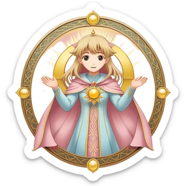 magical tarot-like card inspired by the Clow Cards from Cardcaptor Sakura. The card has ornate golden borders, a sun or moon symbol at the top, and a mysterious illustration in the center. The background is a soft, enchanted pastel tone. sticker