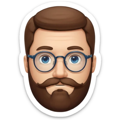 White man with blue eyes, long brown hair, large round glasses, mustache and beard sticker