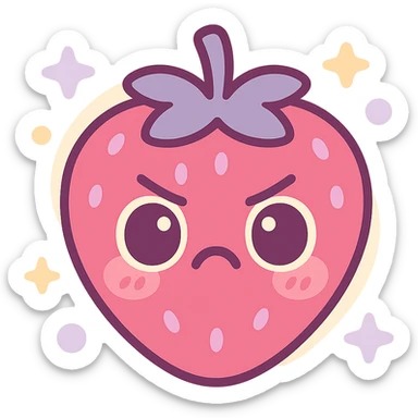 kawaii style strawberry with an angry expression, subtle blush cheeks, soft dramatic shadows, rounded edges, bold and vibrant colors including deep pinks, rich lavenders, creamy whites, isolated on transparent background, high resolution, minimal textures, animation style with gentle subtle highlighting to accentuate dramatic colors, toned-down glow on the face sticker