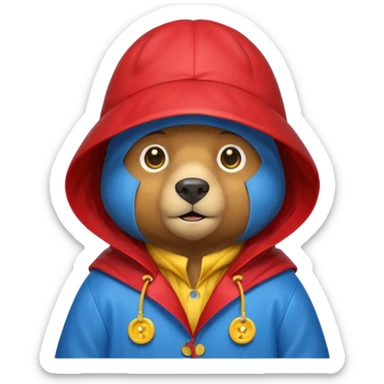 A bear in a red rain hat and a blue raincoat with yellow buttons down the middle sticker