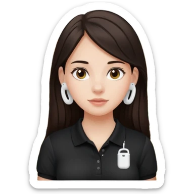 Girl with long dark brown hair with airpods wearing a black wegmans grocery store polo sticker