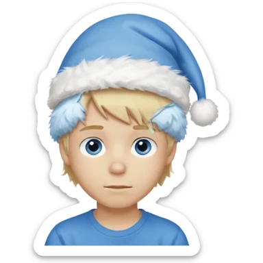 create boy blonde hair long messy, light eyes, white t shirt, rich, long hair, eyes blue, acessory head cristimas blue hat, fluffy hair medium long sticker