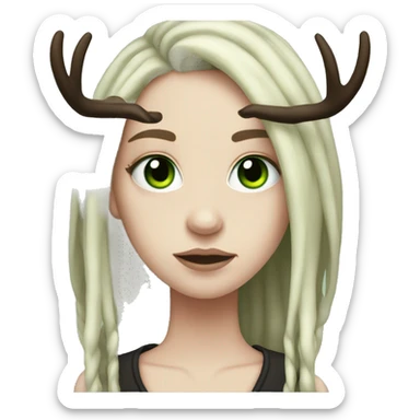 Girl with pale skin, green eyes, black dread-locks, eyeliner, deer antlers, grunge sticker