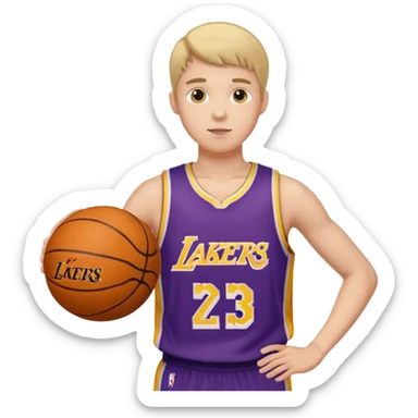 Joven con color de piel claro con uniforme de basquetball laker sosteniendo una pelota de basquet sticker