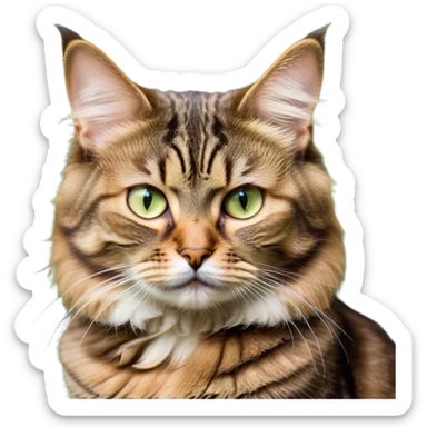 Cinematic Meme-Worthy Grumpy Brown Tabby Cat Portrait Emoji, Head held high but eyes filled with dramatic disappointment, fluffy brown fur with striking tabby markings, signature M-shaped forehead furrowed into an unmistakable scowl, large ears slightly angled back in disapproval, piercing golden-green eyes glaring with pure exasperation, Simplified yet hilariously over-exaggerated features, highly detailed, glowing with an aura of supreme annoyance, high shine, exhausted yet judgmental, stylized with an almost regal pettiness, bright but brooding, soft glowing outline, capturing the essence of a feline that has seen it all and is thoroughly unimpressed, so meme-worthy it feels like it could instantly become the next viral sensation of grumpiness! sticker