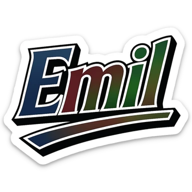 Emil name in masculine, modern gradient font with dark contour, prominent and clearly visible white outline around the letters as in the sample, dynamic slanted underline, masculine color shades (blue, gray, burgundy, green, brown), 1000x1000 px, PNG, transparent background, in the style of the uploaded Attila sample. sticker