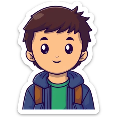 boy with straight brunette hair brown eyes and tree behind sticker