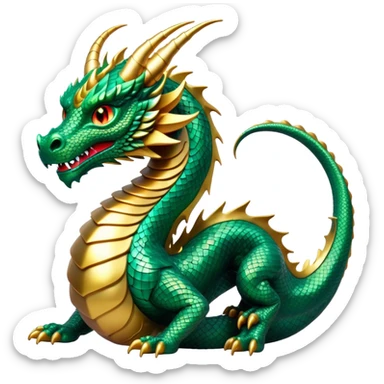 Cinematic Noble Dragon Portrait Emoji, Poised and majestic, with a sinuous, elongated body covered in intricately detailed, shimmering scales in hues of emerald and gold, and piercing, fiery eyes that reflect ancient wisdom; rendered with lifelike texture and natural highlights, high shine, intelligent and formidable, styled with an aura of mythic power, focused and attentive, soft glowing outline, capturing the essence of a legendary dragon that appears ready to soar out of the screen with timeless authority! sticker