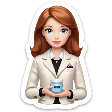 A Barbie girl with blue eyes, shoulder-length reddish-brown hair with makeup, wearing a white tweed jacket and a black skirt, body cream pot sticker