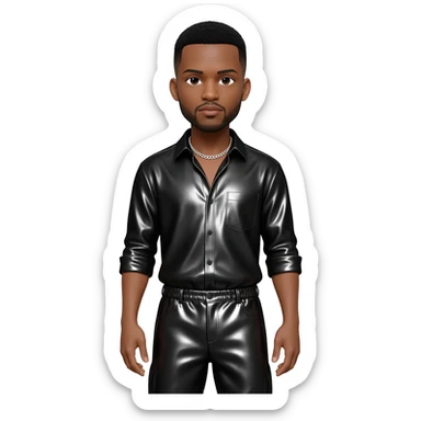 Tank, R&B Singer with black short hair, black metallic shirt, black metallic baggy pants, silver necklace sticker