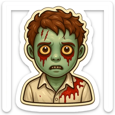 Edit the emoji of a zombie boy with brown curly hair, slightly longer hair, wearing a white shirt, on a transparent background. Keep the retro stickers style consistent. sticker
