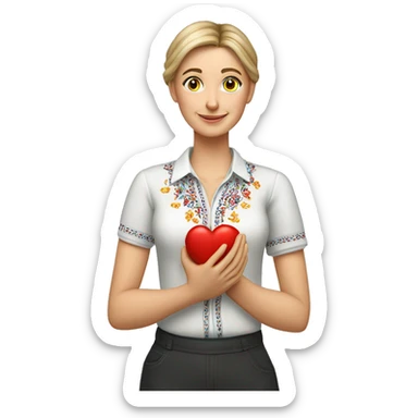 A Ukrainian teacher in an embroidered shirt holds a heart in her hands sticker