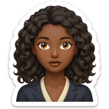 this avatar of 30th year-woman has shoulder-length black wavy hair with loose curls framing the face, and a long, pointed face, black skin with golden-brown eyes and a calm, neutral expression. sticker