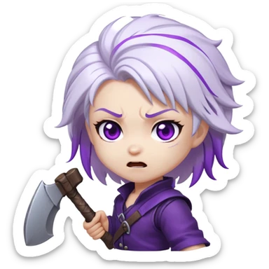 Chibi Sable Ward being hit on the head with a small axe, caught in the act look, white hair with purple streaks, fully purple eyes, dizzy expression sticker