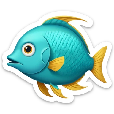 bright turquoise fish in perfect flat side profile, exactly facing right, single eye visible, completely 2D side view only, derpy stupid expression, no perspective at all sticker