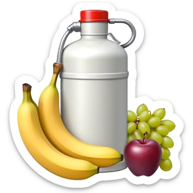 gasoline canister surrounded by a banana, an apple, and grapes, fuel can with fruits arranged around it sticker