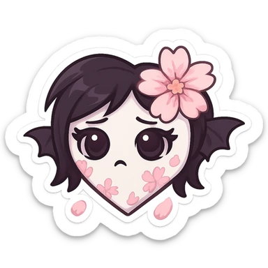 goth sakura heart, white heart with pink cherry blossom petals, cute and dramatic sticker