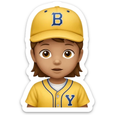 brown hair baby with yellow baseball jersey and hat sticker