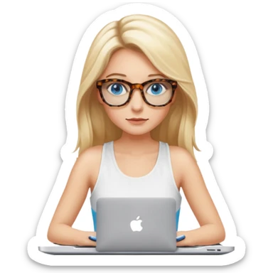long blonde hair woman blue eyes with tortoise shell print glasses wearing white tank top on mac book  sticker