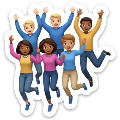 group of adult students, some jumping and happy, diverse, cheerful, classroom background sticker