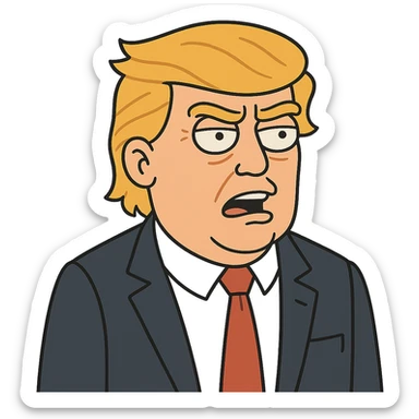 Donald Trump cartoon style, expressive face, orange hair, suit and red tie sticker
