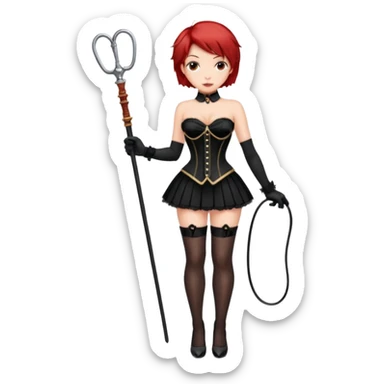 Mistress red short hair long black gloves small skirt black stockings high heels italian girl sexy black corset dominant girl e whip on hand sticker