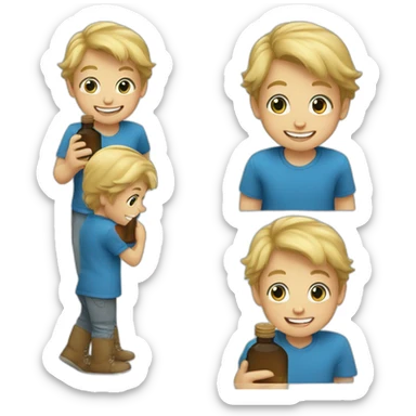 little blond kid wearing a blue shirt holding a brown glass bottle and smiling sticker