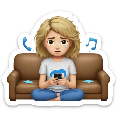 Девушка-мемоджи в слезах, грустно сидит дома на диване в старой домашней футболке, держит телефон, с которого не приходит ожидаемое сообщение. Волосы растрёпаны, выражение лица крайне несчастное и подавленное. Белый фон. sticker