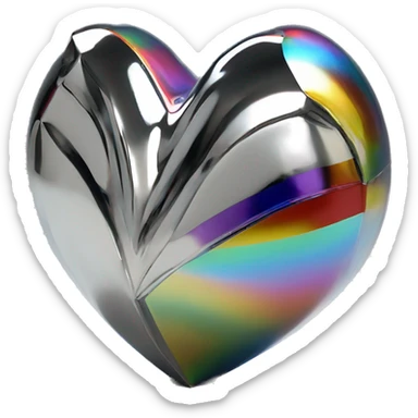 symbolic heart chrome sculpture symbolizing chromatic light with a geometric, faceted design. The heart is standing upright with angular and baroque features. The vibrant rainbow of colors highlights the sharp edges and planes.  sticker