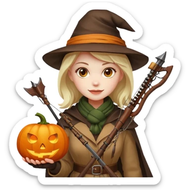 female human monster hunter emoji, wearing brown coat and hat, holding crossbow, soft smile, scarf, glowing pumpkin by her side, Halloween fantasy style, clean vector Apple emoji look, bright colors, white background, square sticker