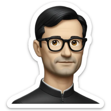 Hyper realistic Ralf Hutter from Kraftwerk, short straight black hair, black glasses, thin, riding open top black tesla model 3 sticker